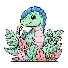 Obraz premium Cute cartoon dinosaur peeking through jungle leaves and flowers.