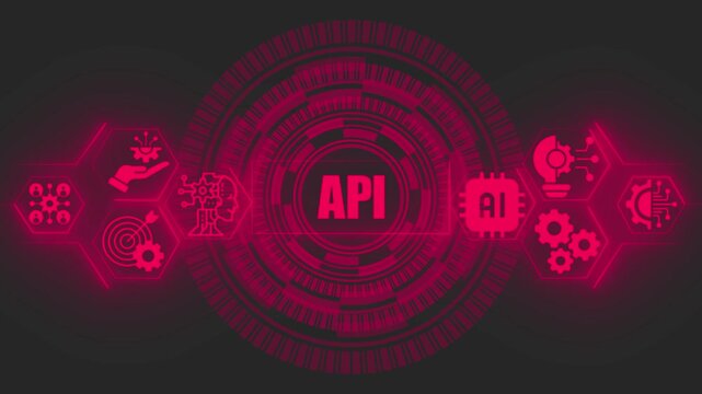 Red digital interface featuring the text api surrounded by glowing circular patterns and hexagonal representing artificial intelligence and network connectivity concepts