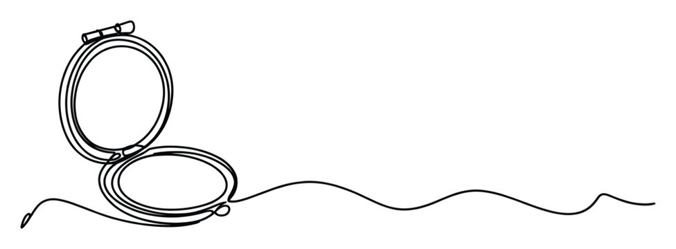 Elegant continuous line drawing of an open compact mirror for minimalist beauty and cosmetic branding projects