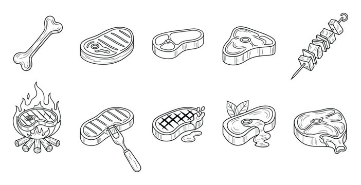 Collection of various beef and pork steak cuts with grilling elements for restaurant menus and culinary projects