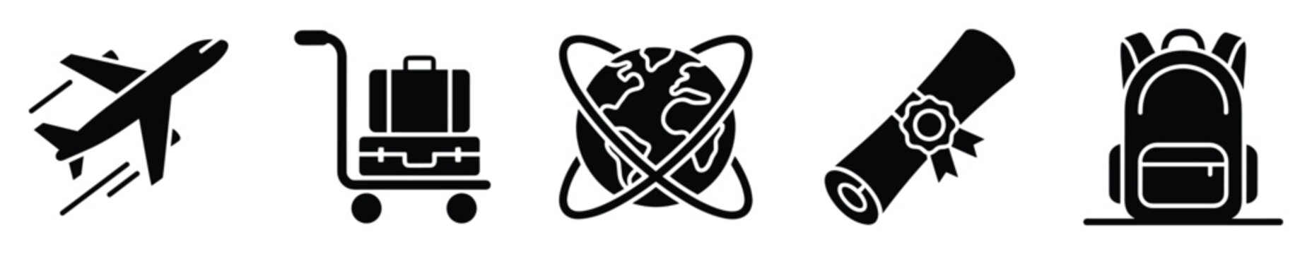 Journey and education icon set for global travel adventure planning and study abroad concept