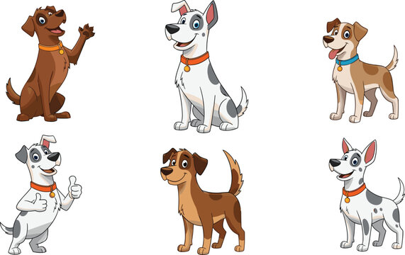 Vector Set of 6 Cute Cartoon Dogs with Different Poses, Expressions, and Collars, Perfect for Children&rsquo;s Illustrations and Pet Designs