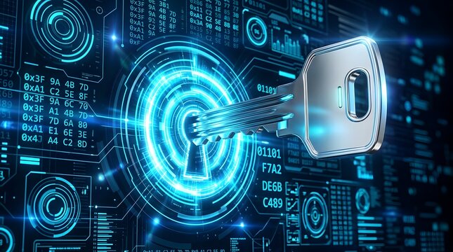 3D metallic key entering a glowing digital lock icon on a blue technological interface featuring hex codes, binary data, and circular HUD elements for cybersecurity and encryption concepts.