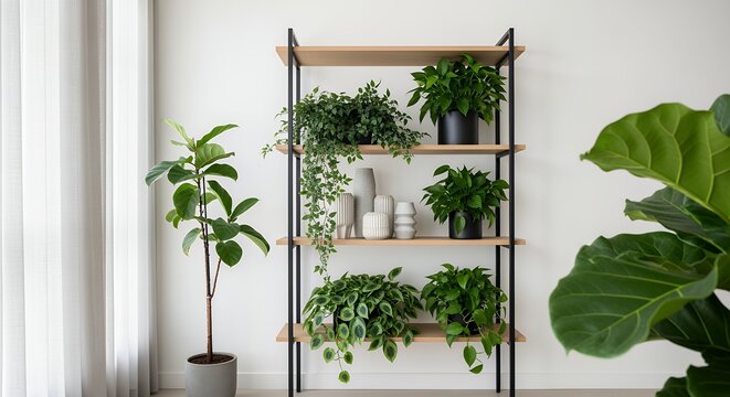 A modern room interior showcases a tall green potted plant next to a contemporary shelving unit filled with various houseplants and decorative ceramic vases 187 characters