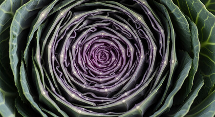 Fototapeta premium Abstract concentric pattern of ornamental cabbage leaves in vibrant shades of purple and green creating a visually stunning rosette