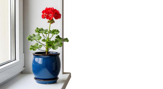 Vibrant red geranium blooming in a glossy blue ceramic pot on a windowsill, isolated with ample copy space