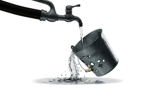 Water pouring from a metal faucet into a leaky bucket, spilling onto a white surface, concept of waste or inefficiency