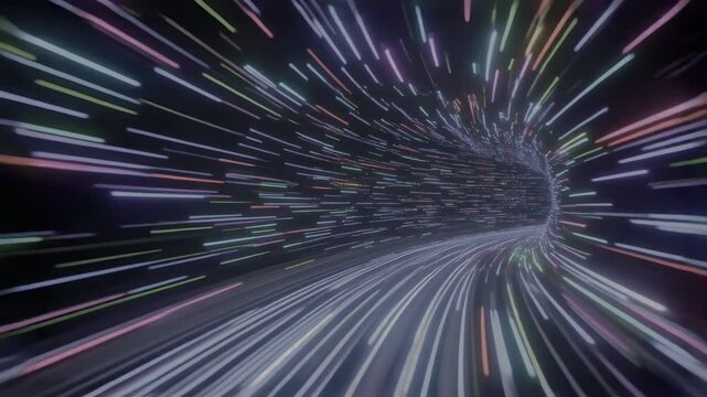 Into the Digital Realm: A vibrant tunnel of light, a digital vortex swirling with data streams, symbolizing the flow of information and technological advancement.