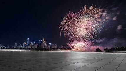 City Skyline Fireworks Display Night Sky Celebration Background Urban Panorama Festive Event Fireworks Show Sparkle Light Explosion New Year Eve Party Anniversary Holiday Commemoration Cityscape