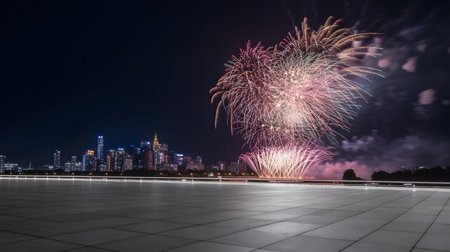 City Skyline Fireworks Display Night Sky Celebration Background Urban Panorama Festive Event Fireworks Show Sparkle Light Explosion New Year Eve Party Anniversary Holiday Commemoration Cityscape