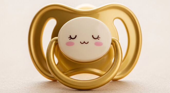 Cute Golden Pacifier Teether with Smiling Face Design - Baby Toy, Minimalist, Playtime Accessory, Yellow Gold Color isolated background