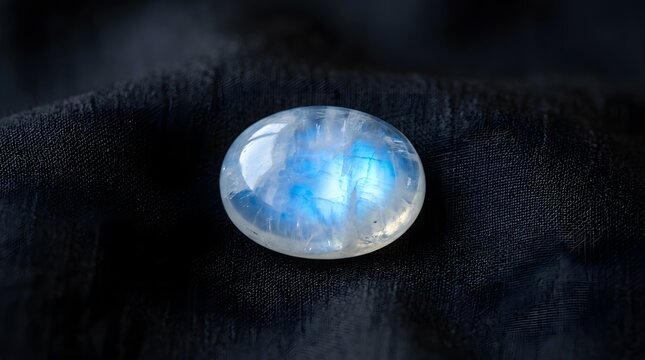 A close-up of a moonstone gemstone with a blue adularescence on a black fabric background