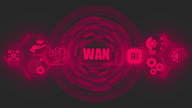 Red digital interface featuring the text wan surrounded by glowing circular patterns and hexagonal representing artificial intelligence and network connectivity concepts