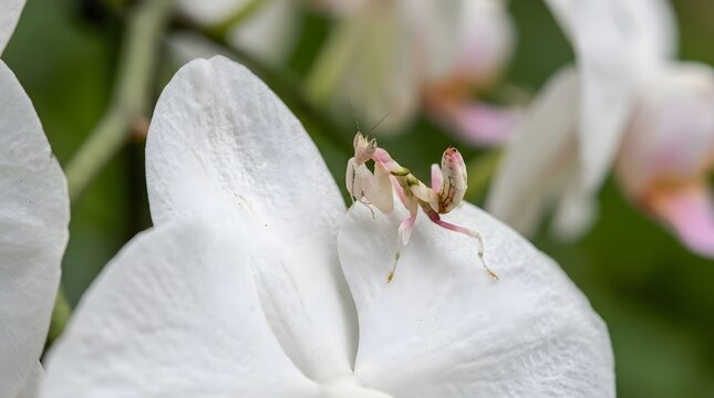 A small pink praying mantis perched on a delicate white flower in a lush green garden