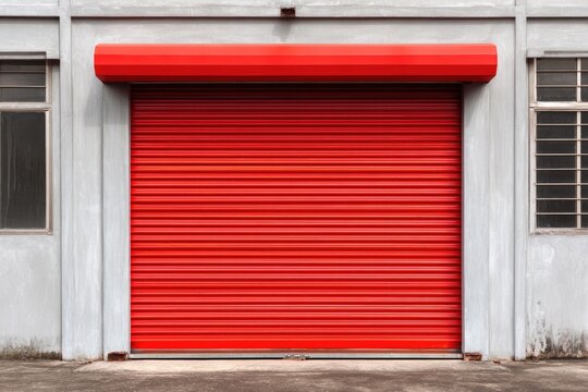 Bright red corrugated roller shutter door on a gray concrete building facade, two windows