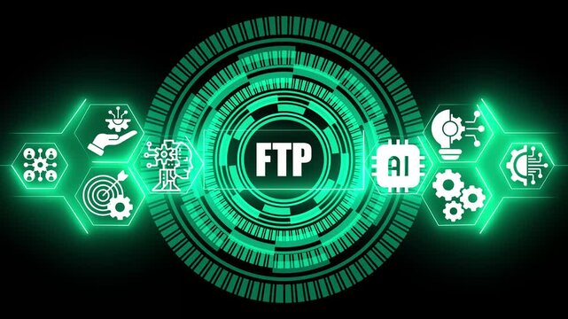 File transfer protocol ftp concept displayed on a glowing green digital interface with artificial intelligence and circular data processing patterns on a dark black background