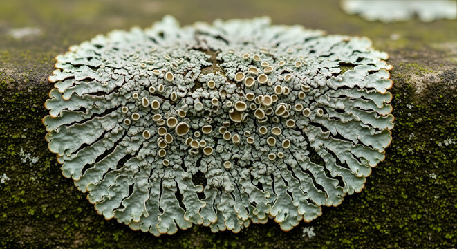 Circular textured lichen growth with apothecia a symbiotic organism composed of fungi and algae on a mossy rock surface