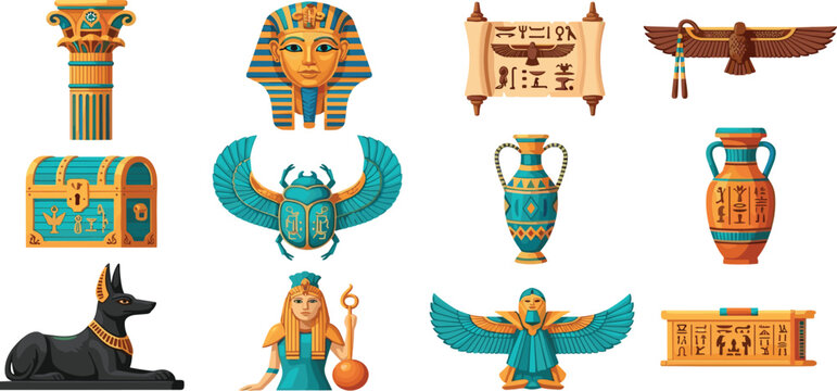 Ancient Egypt vector icon set featuring 12 historical symbols including Pharaoh mask Anubis sphinx papyrus and scarab beetle in a flat style.