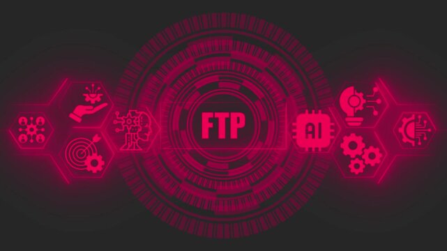File transfer protocol ftp concept displayed on a glowing magenta digital interface with artificial intelligence and circular data processing patterns on a dark gray background