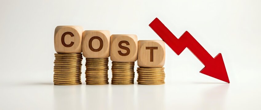 Wooden blocks spelling COST on stacks of golden coins with red downward arrow showing expense reduction and financial savings concept.