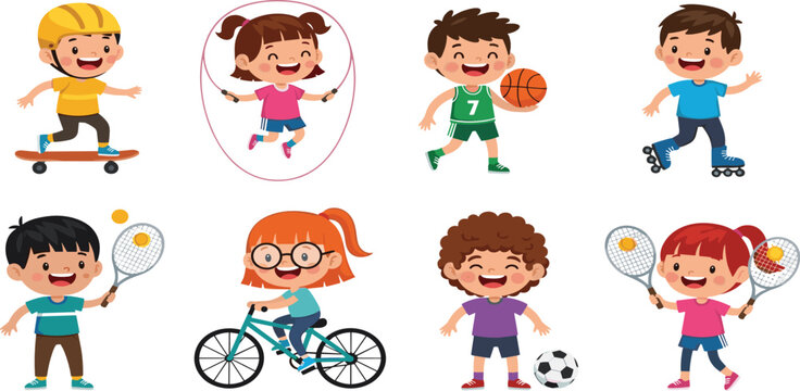 Active children sports vector set featuring 8 kids playing basketball tennis soccer cycling and skateboarding in a flat cartoon style.