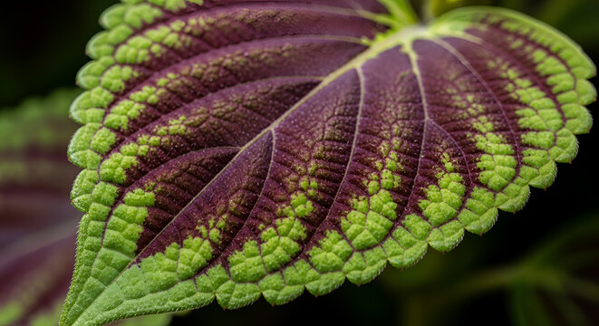 Close-up of a colorful coleus leaf with intricate patterns and vibrant green and purple hues in a botanical garden setting