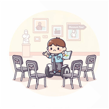 Cute cartoon boy giving a tour on a segway in a museum.
