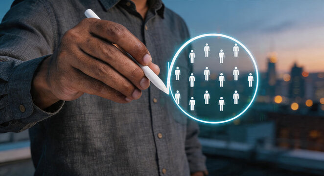 Businessman&rsquo;s hand holds pen, interacting with digital people icon in urban outdoor setting, symbolizing social network and professional management.