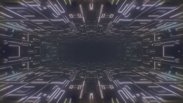 Digital Matrix Tunnel: An abstract digital tunnel with glowing circuit board lines and geometric patterns creates a sense of infinite digital space and technological advancement.