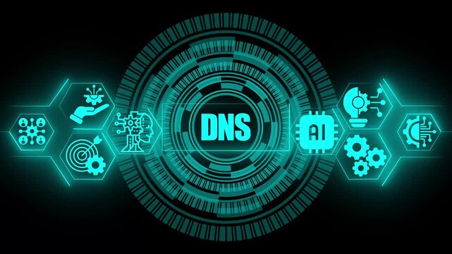 Domain name system dns concept displayed on a glowing cyan digital interface with artificial intelligence and circular data processing patterns on a dark black background