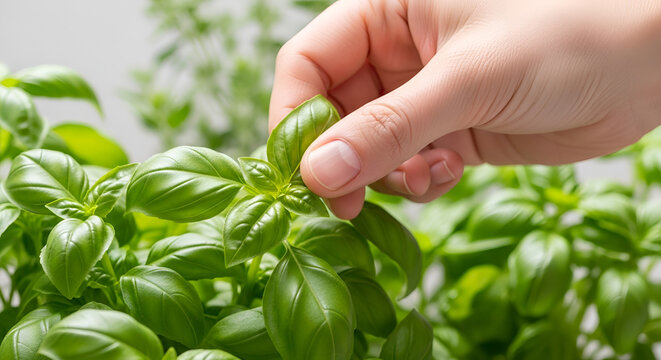 Close-up of a hand picking fresh green basil leaves in a garden showcasing aromatic herb harvesting and culinary ingredient preparation