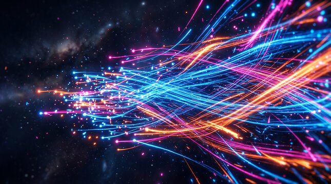Chaotic streams of red and blue light trails crossing in space perfect for representing high-speed data networks complex systems and dynamic energy