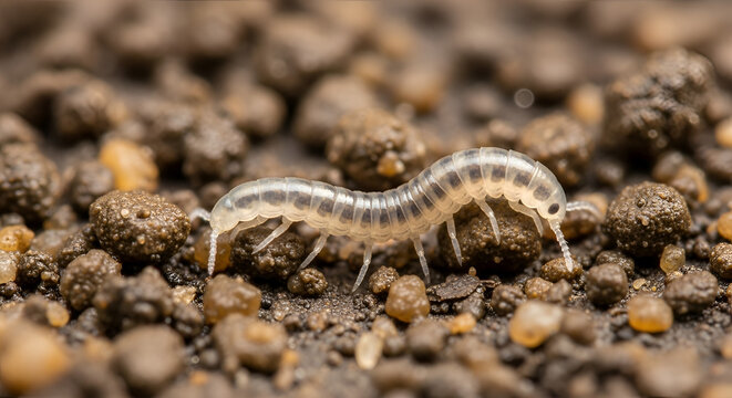 Close-up of a translucent garden symphylan crawling on dark moist soil showing segmented body and multiple legs in natural light