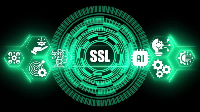 Sl secure socket layer technology concept with glowing green digital interface featuring artificial intelligence and circular data processing patterns on a dark background