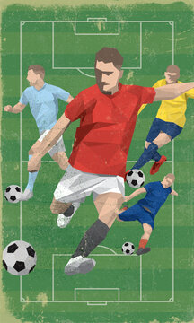 Polygon soccer players various action with soccer field top view background vertical template old condition have scratches and stain texture