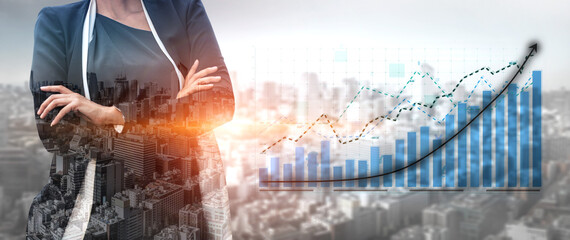A confident businesswoman stands with arms crossed, overlooking a modern city skyline. An overlay of a growth graph reflects success, strategy, and investment in urban development. Impute © InfiniteFlow