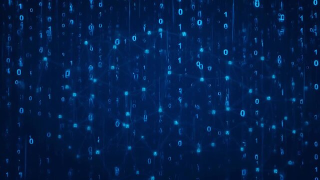 Abstract Digital Data Stream Flowing with Glowing Blue Binary Code Network Connections on Dark Deep Blue Background with Futuristic SciFi Glow