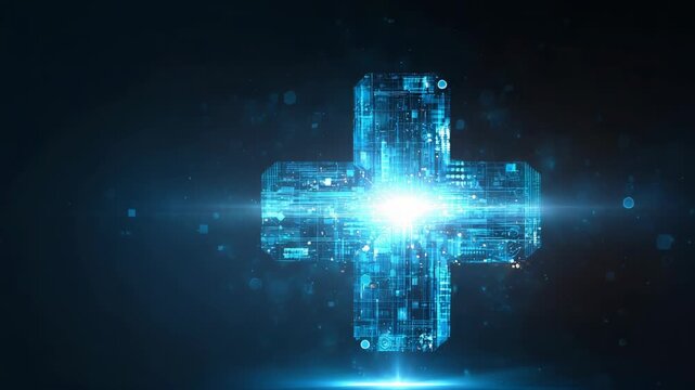 Futuristic Digital Medical Cross Symbol with Glowing Blue Light