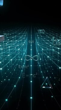 Abstract Digital Network of Glowing Blue Particles and Geometric Shapes with Mathematical Symbols in Dark Futuristic Background