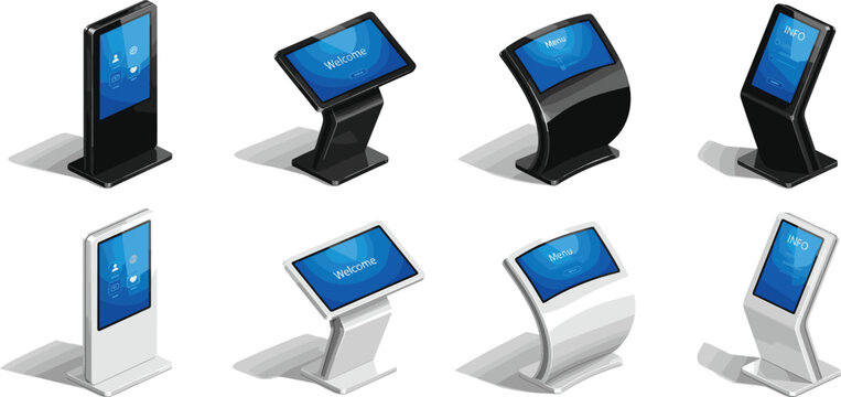 Digital information kiosk vector set featuring 8 isometric touch screen stands in black and white for retail wayfinding and interactive menu displays.