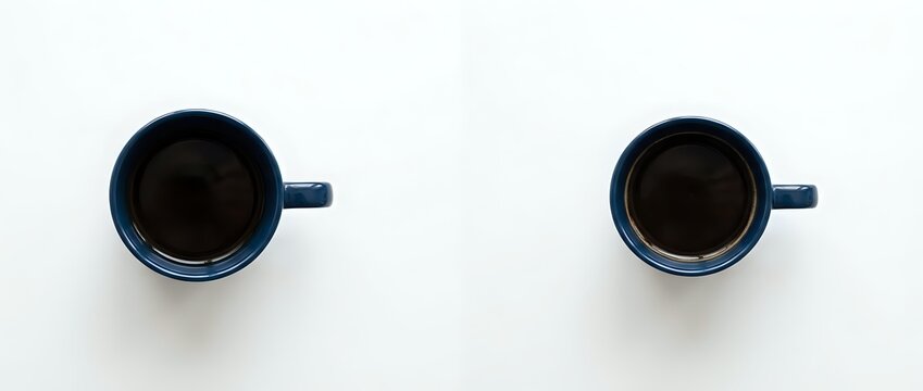 Two blue ceramic coffee mugs filled with black coffee viewed from above on white background, minimalist flat lay composition for morning beverage concepts.
