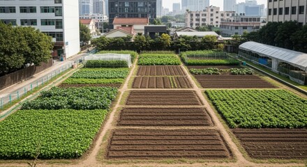Obraz premium Expansive Urban Farm Cultivating Fresh Produce Between City Buildings Amidst Lush Greenery
