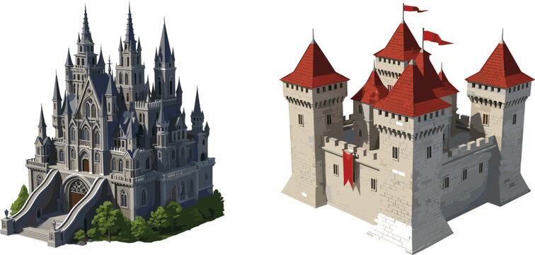 Medieval castle vector set featuring gothic fortress with spires and fortified stone keep with red roofs in a flat cartoon style