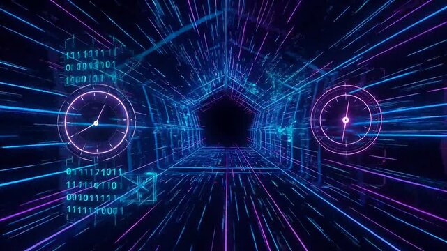 Abstract Futuristic Neon Digital Tunnel with Binary Code and Geometric Shapes and Futuristic glowing lines and data flow