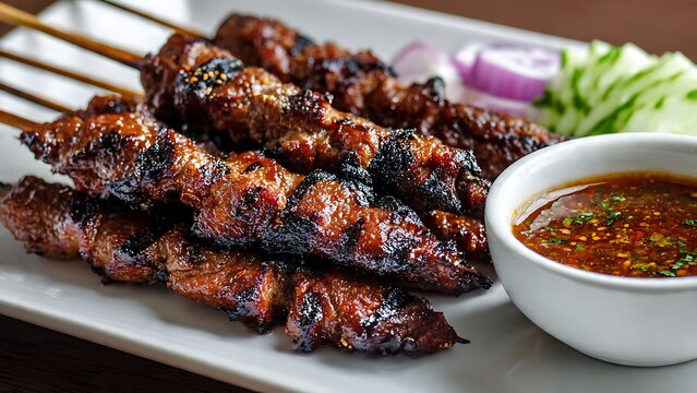 Savory grilled meat skewers rest on a white rectangular plate next to a small bowl of rich dark dipping sauce, sliced red onions, and crisp green cucumbers. The meat features a glossy. satay sate
