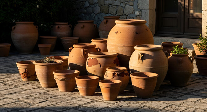 Collection of weathered terracotta pots and urns displayed outdoors in a Mediterranean garden setting capturing rustic charm and warm earthy tones