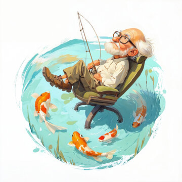 Old Man Napping While Koi Fish Swim By