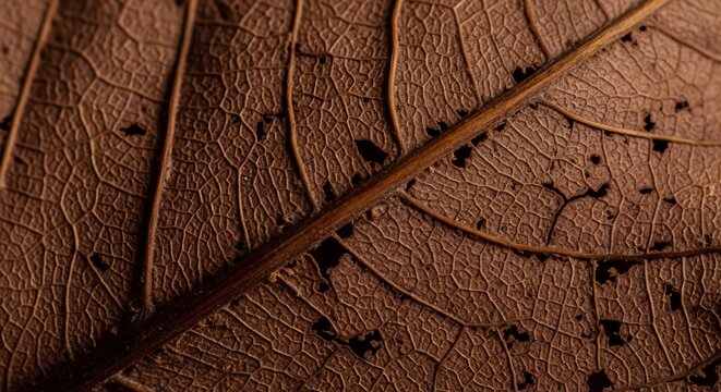 Macro View of a Dry Brown Leaf Texture with Intricate Veins.