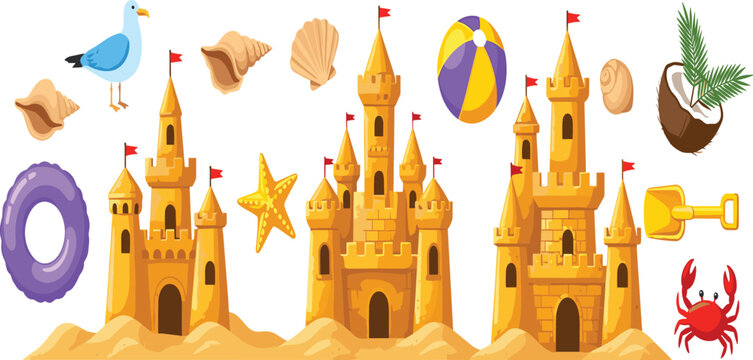 Summer beach sandcastle vector set featuring 3 castles with seagull crab starfish and beach toys in a flat cartoon style for travel and vacation.