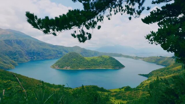 Panoramic view of Cuicocha crater lake in Cotacachi, Imbabura, Ecuador.
